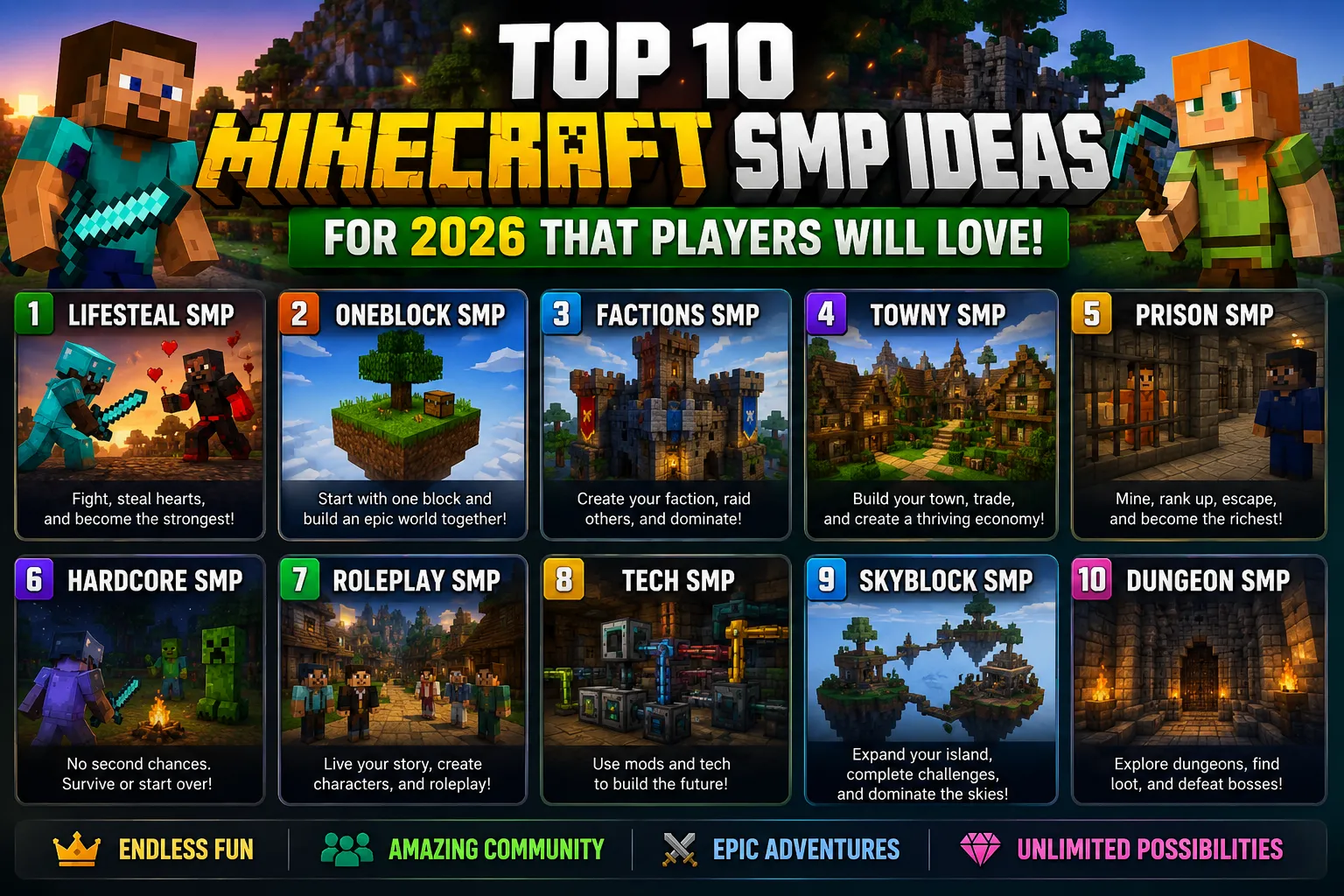 Top 10 Minecraft SMP server ideas for 2026 including Lifesteal, Origins, Skyblock, and RPG Survival gamemodes