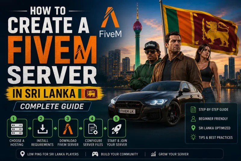 FiveM roleplay server setup guide showing txAdmin dashboard, ESX framework configuration, and resource management for servers hosting