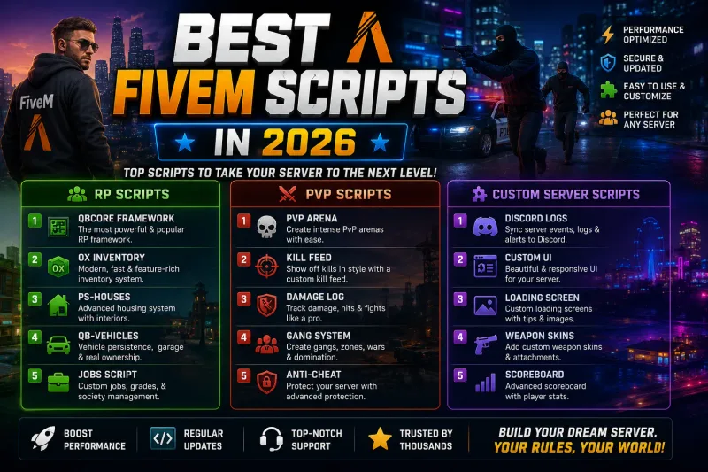 Best FiveM scripts collection for 2026 showing ESX and QBCore resources for roleplay, PvP, and custom servers