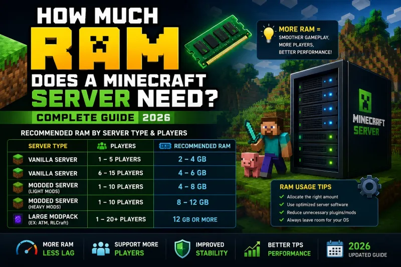 Minecraft server RAM requirements chart showing memory needs by player count, server version, and modpack size