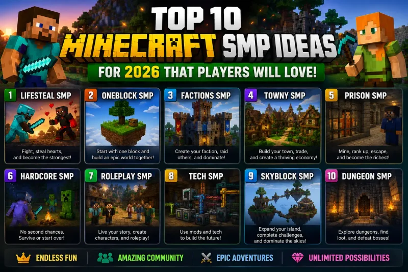 Top 10 Minecraft SMP server ideas for 2026 including Lifesteal, Origins, Skyblock, and RPG Survival gamemodes